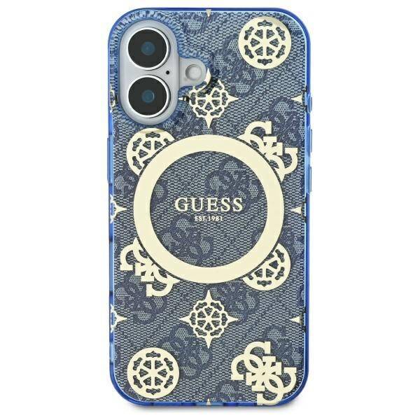 Coque MagSafe pour Apple iPhone 16, Guess, IML Peony On 4G Background, Bleue