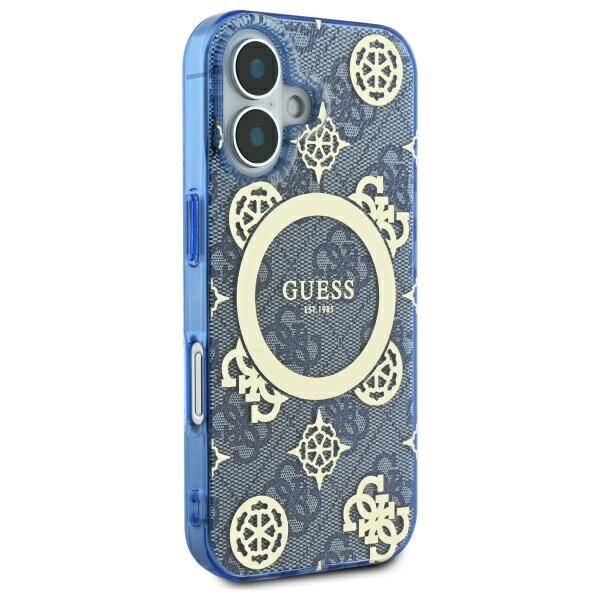 Coque MagSafe pour Apple iPhone 16, Guess, IML Peony On 4G Background, Bleue