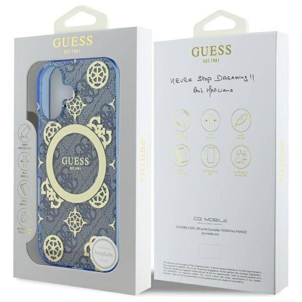 Coque MagSafe pour Apple iPhone 16, Guess, IML Peony On 4G Background, Bleue