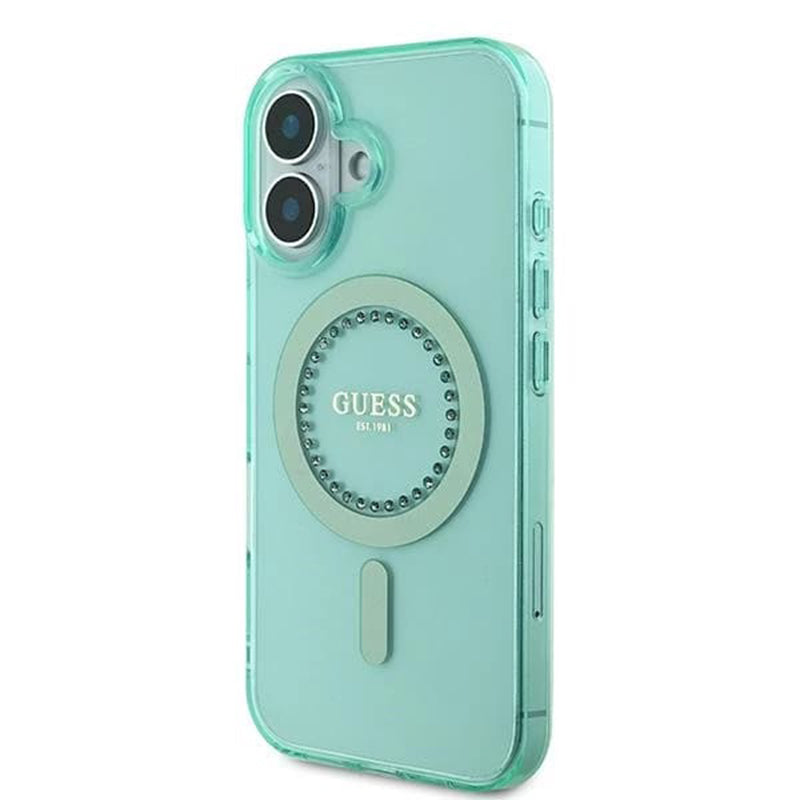 Coque MagSafe pour Apple iPhone 16, Guess, IML Rhinestone, Vert
