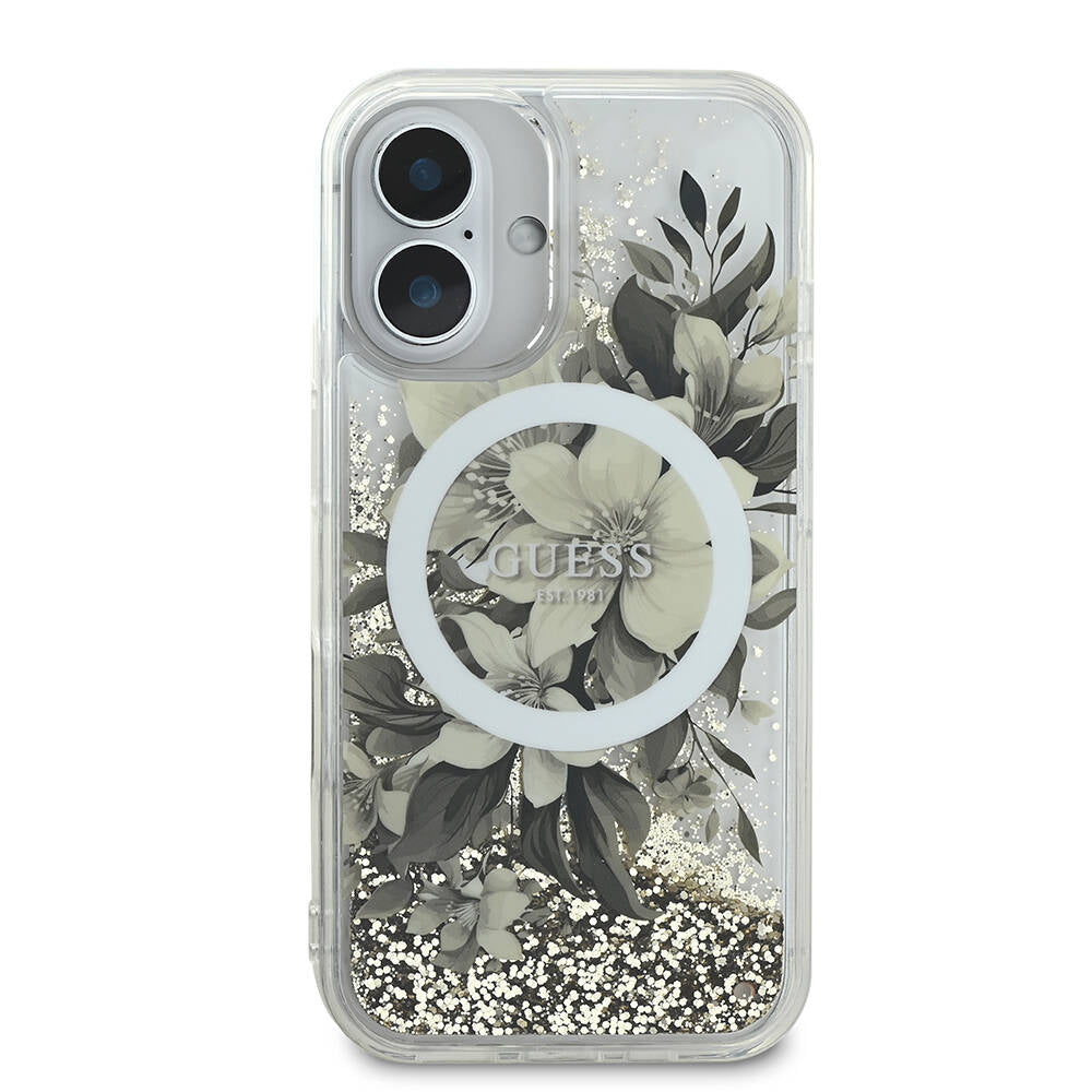 Étui MagSafe pour Apple iPhone 16, Guess, Liquid Glitter Flower, Beige