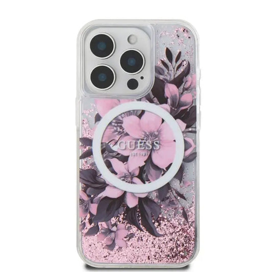 Étui MagSafe pour Apple iPhone 16, Guess, Liquid Glitter Flower, Rose