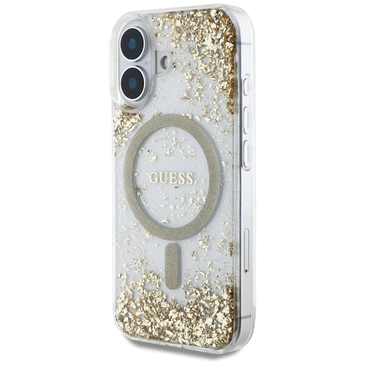 Coque MagSafe pour Apple iPhone 16, Guess, Resin Bottom Glitter, Dorée