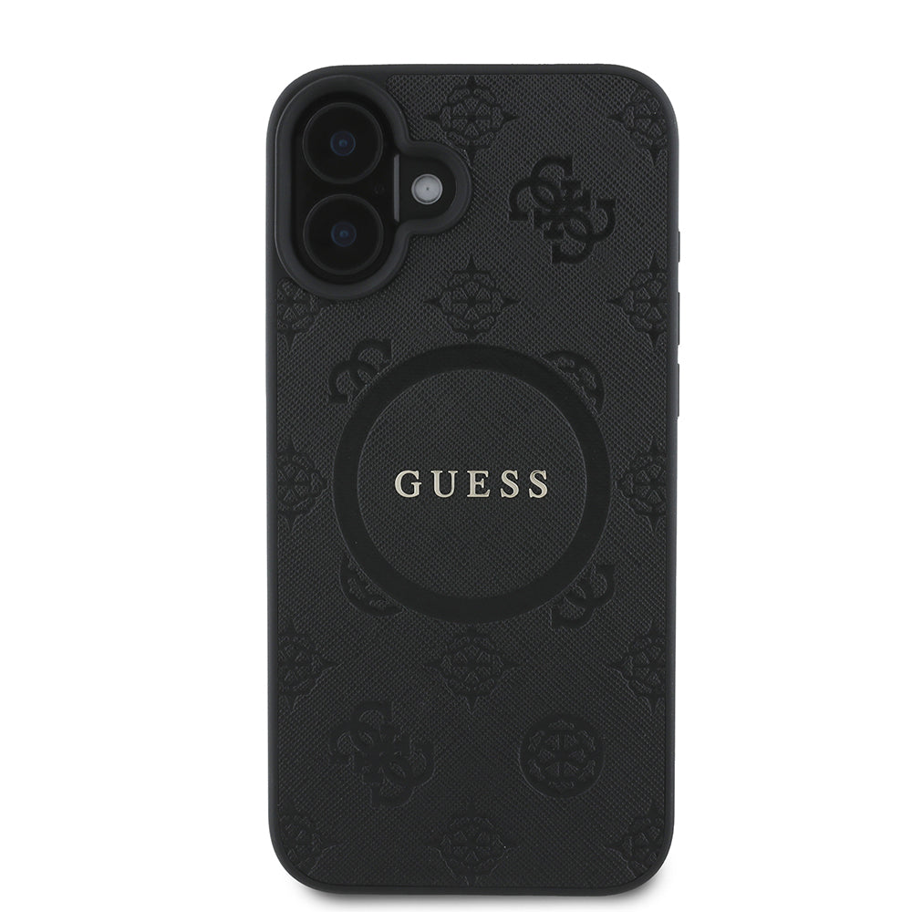 MagSafe Case for Apple iPhone 16, Guess, Saffiano Peony Classic Logo, Black