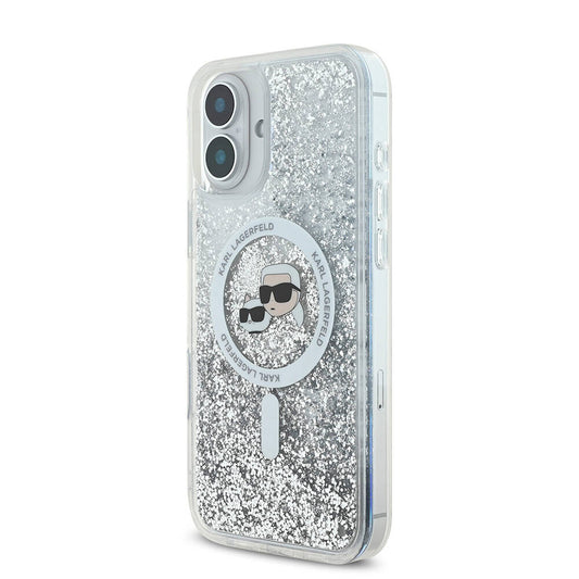 Coque MagSafe pour Apple iPhone 16, Karl Lagerfeld, Glitter Liquid Karl & Choupette's Heads, Transparente