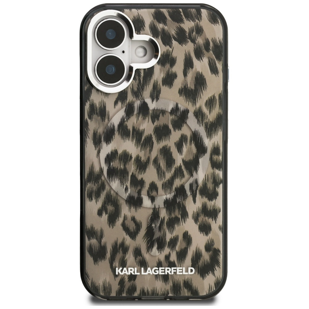 Étui MagSafe pour Apple iPhone 16, Karl Lagerfeld, Motif Léopard IML, Marron