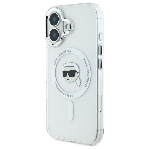 Coque MagSafe pour Apple iPhone 16, Karl Lagerfeld, IML Metal Karl's Head, Blanche