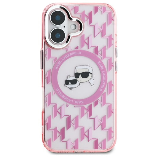 Coque MagSafe pour Apple iPhone 16, Karl Lagerfeld, IML Monogramme Karl & Têtes de Choupette, Rose
