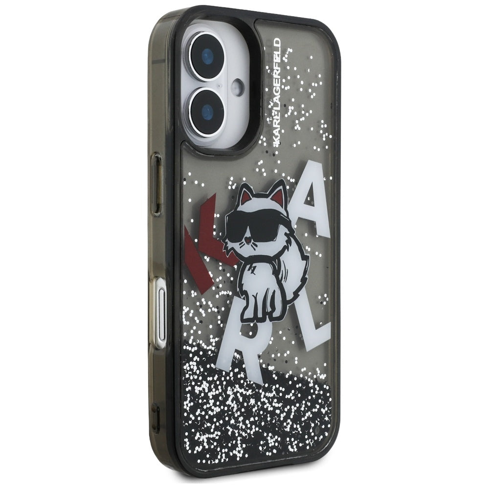 MagSafe Hülle für Apple iPhone 16, Karl Lagerfeld, Liquid Glitter Choupette Logo, Schwarz
