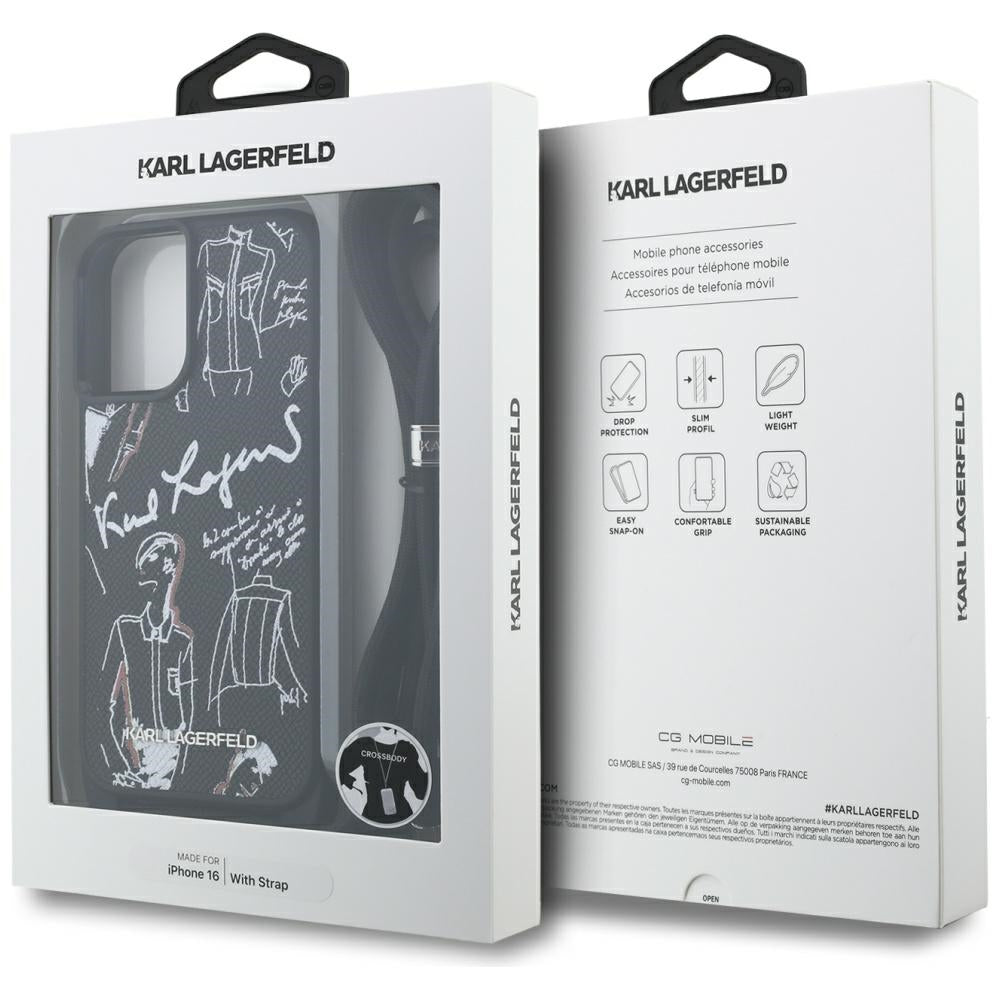 MagSafe Hülle für Apple iPhone 16, Karl Lagerfeld, Saffiano Crossbody, Schwarz