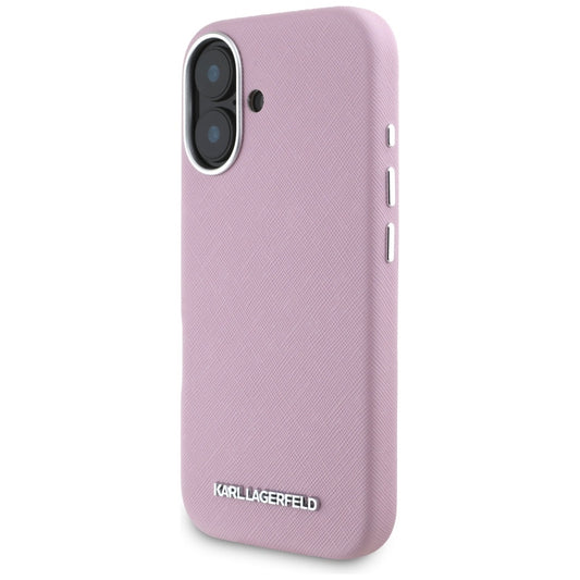Étui MagSafe pour Apple iPhone 16, Karl Lagerfeld, Saffiano Full Wrapped Elongated Metal Logo, Rose