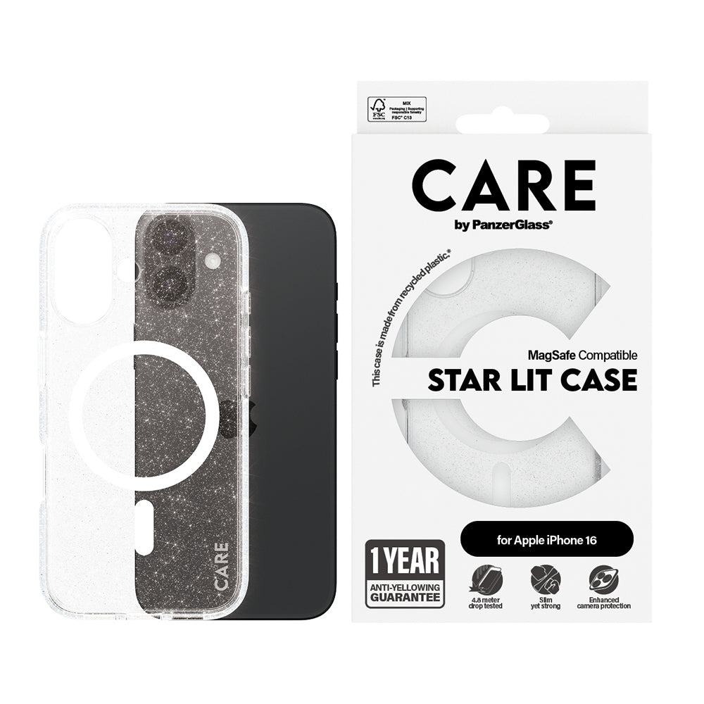 Coque MagSafe pour Apple iPhone 16, PanzerGlass, Care Urban Combat Star Lit, Transparente Blanche