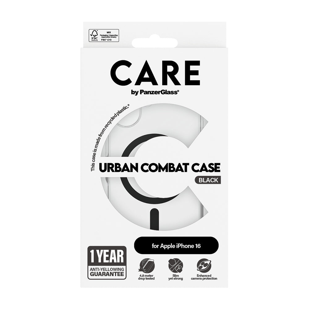 Coque MagSafe pour Apple iPhone 16, PanzerGlass, Care Urban Combat, Transparent Noir