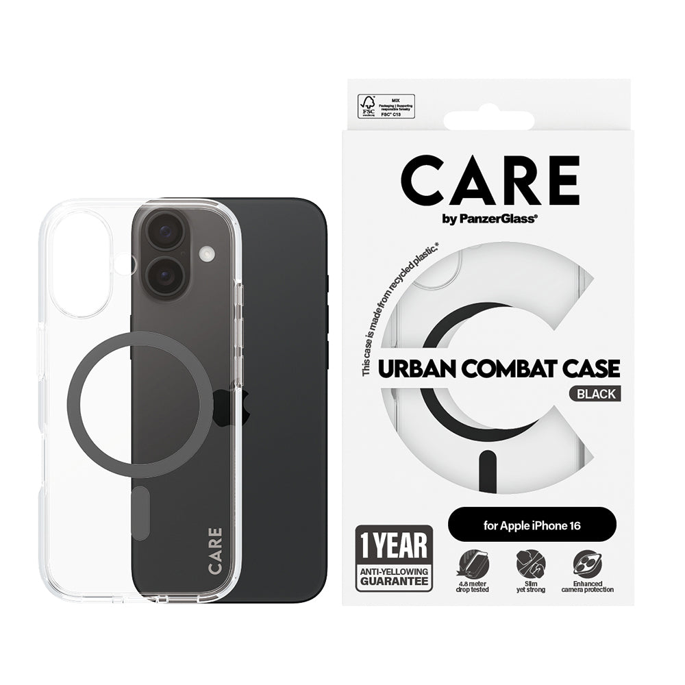 Coque MagSafe pour Apple iPhone 16, PanzerGlass, Care Urban Combat, Transparent Noir