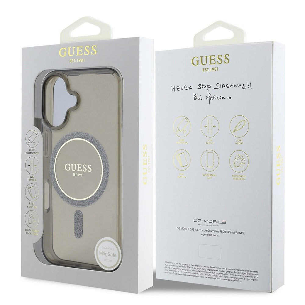 MagSafe Case for Apple iPhone 16 Plus, Guess, IML Glitter Circle, Black