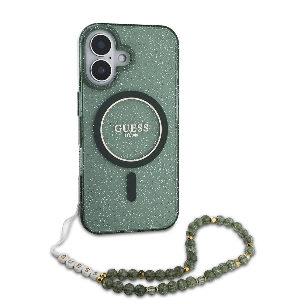 Coque MagSafe pour Apple iPhone 16 Plus, Guess, IML Glitter avec sangle perle, Vert