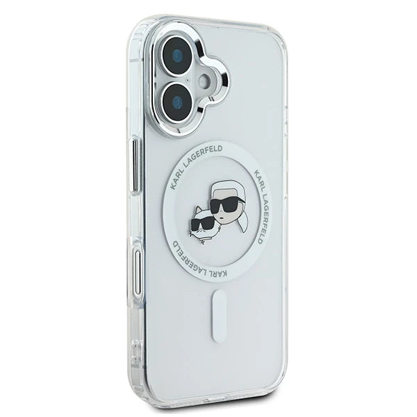 Coque MagSafe pour Apple iPhone 16 Plus, Karl Lagerfeld, IML Metal Karl & Choupette's Heads, Blanche