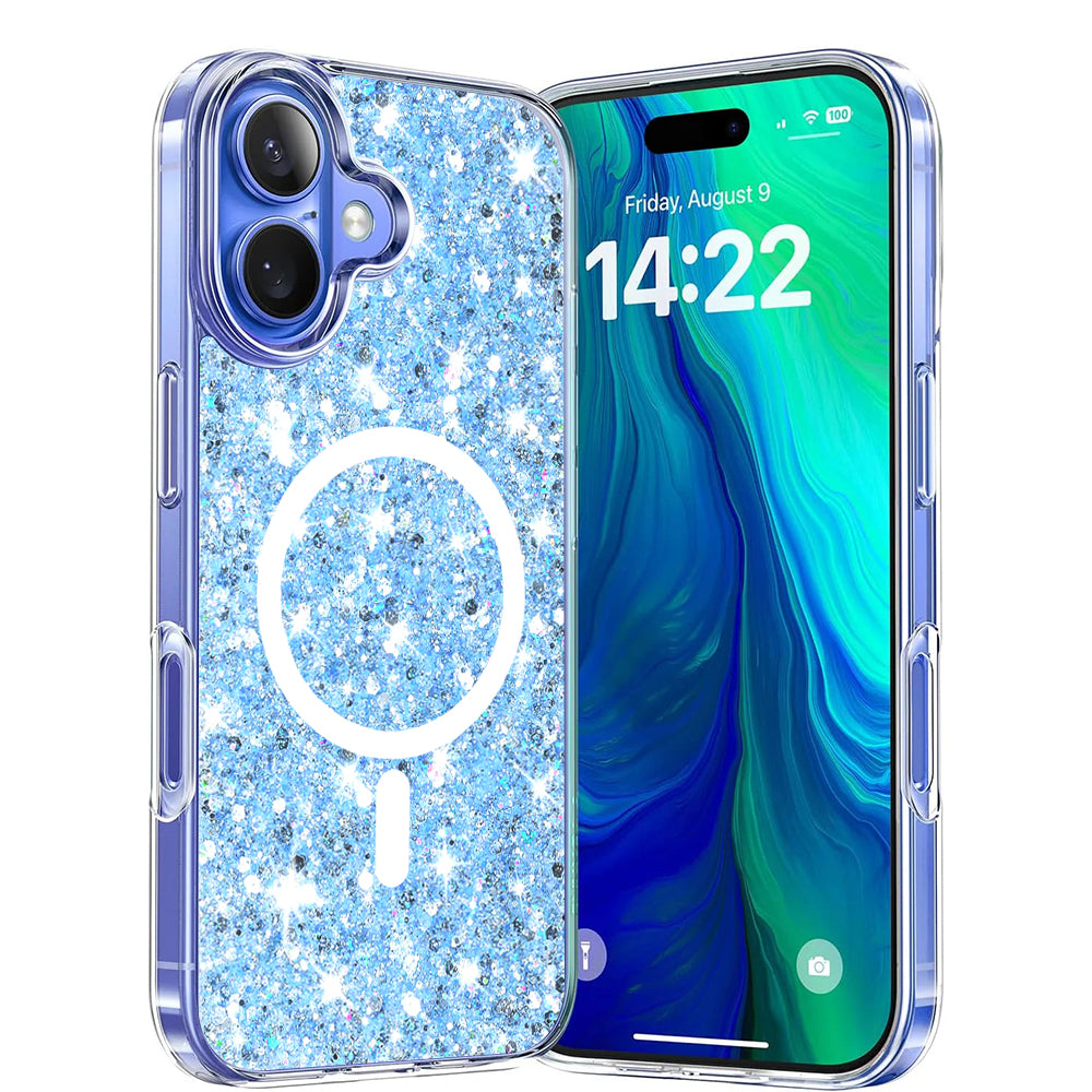 Coque MagSafe pour Apple iPhone 16 Plus, Techsuit, Paillettes Scintillantes, Bleu