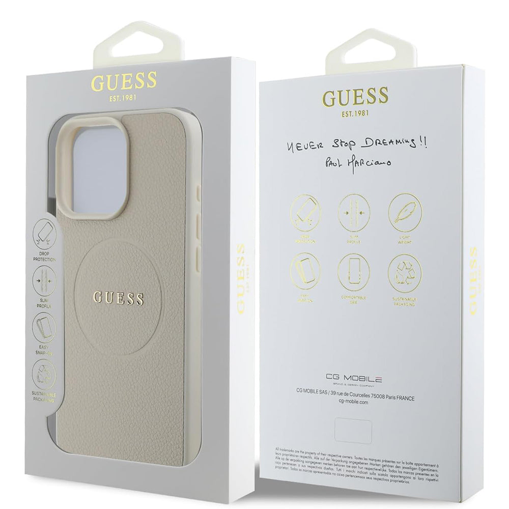 Étui MagSafe pour Apple iPhone 16 Pro, Guess, Grained Gold Ring, Beige