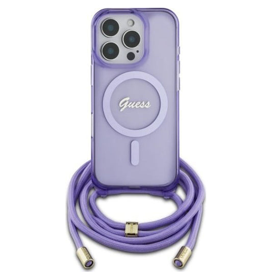 Étui MagSafe pour Apple iPhone 16 Pro, Guess, IML Crossbody Cord Script, Violet