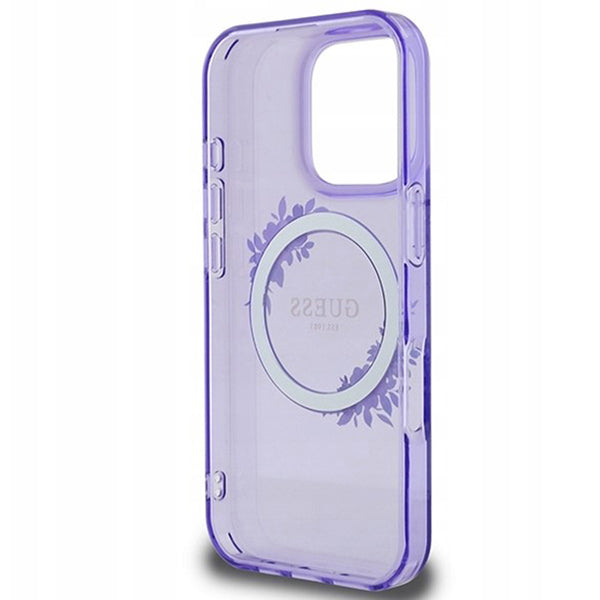 Étui MagSafe pour Apple iPhone 16 Pro, Guess, IML Couronne de Fleurs, Violet