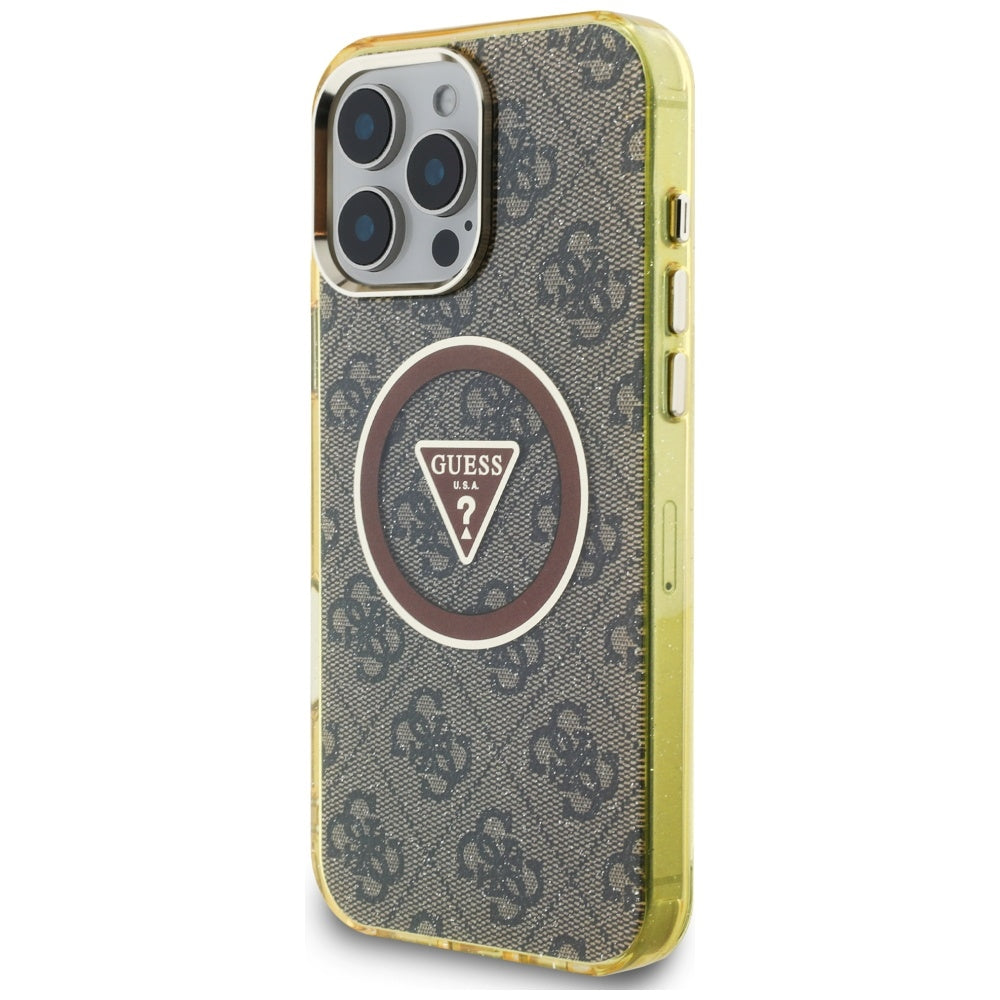 MagSafe Case for Apple iPhone 16 Pro, Guess, IML Glitter 4G Circle Triangle, Brown