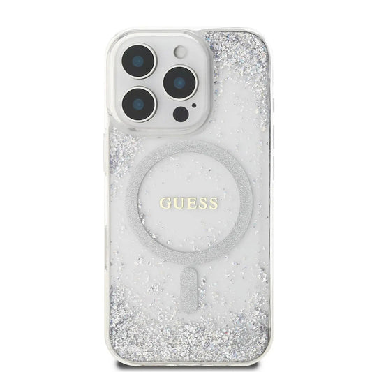 Coque MagSafe pour Apple iPhone 16 Pro, Guess, IML Glitter Gradient, Argentée
