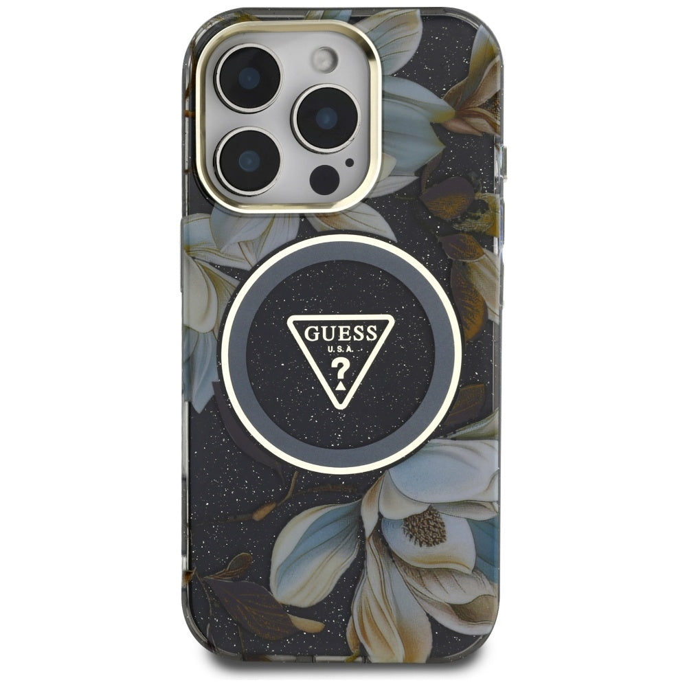 MagSafe Hülle für Apple iPhone 16 Pro, Guess, IML Metal Glitter Flowers Triangle, Schwarz