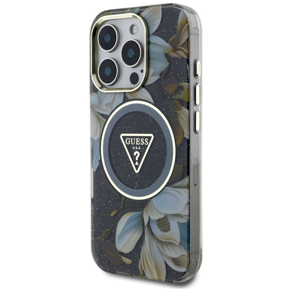 MagSafe Hülle für Apple iPhone 16 Pro, Guess, IML Metal Glitter Flowers Triangle, Schwarz