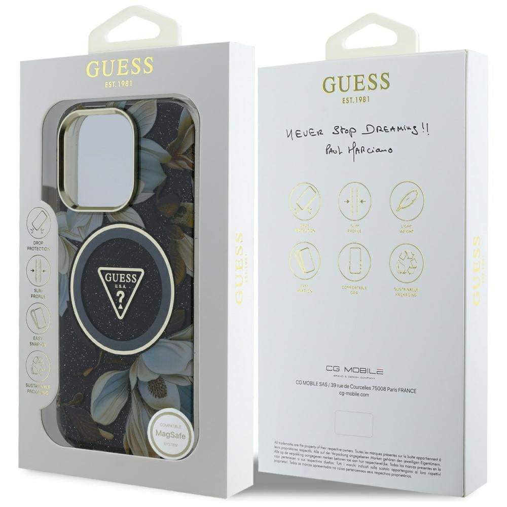 MagSafe Hülle für Apple iPhone 16 Pro, Guess, IML Metal Glitter Flowers Triangle, Schwarz