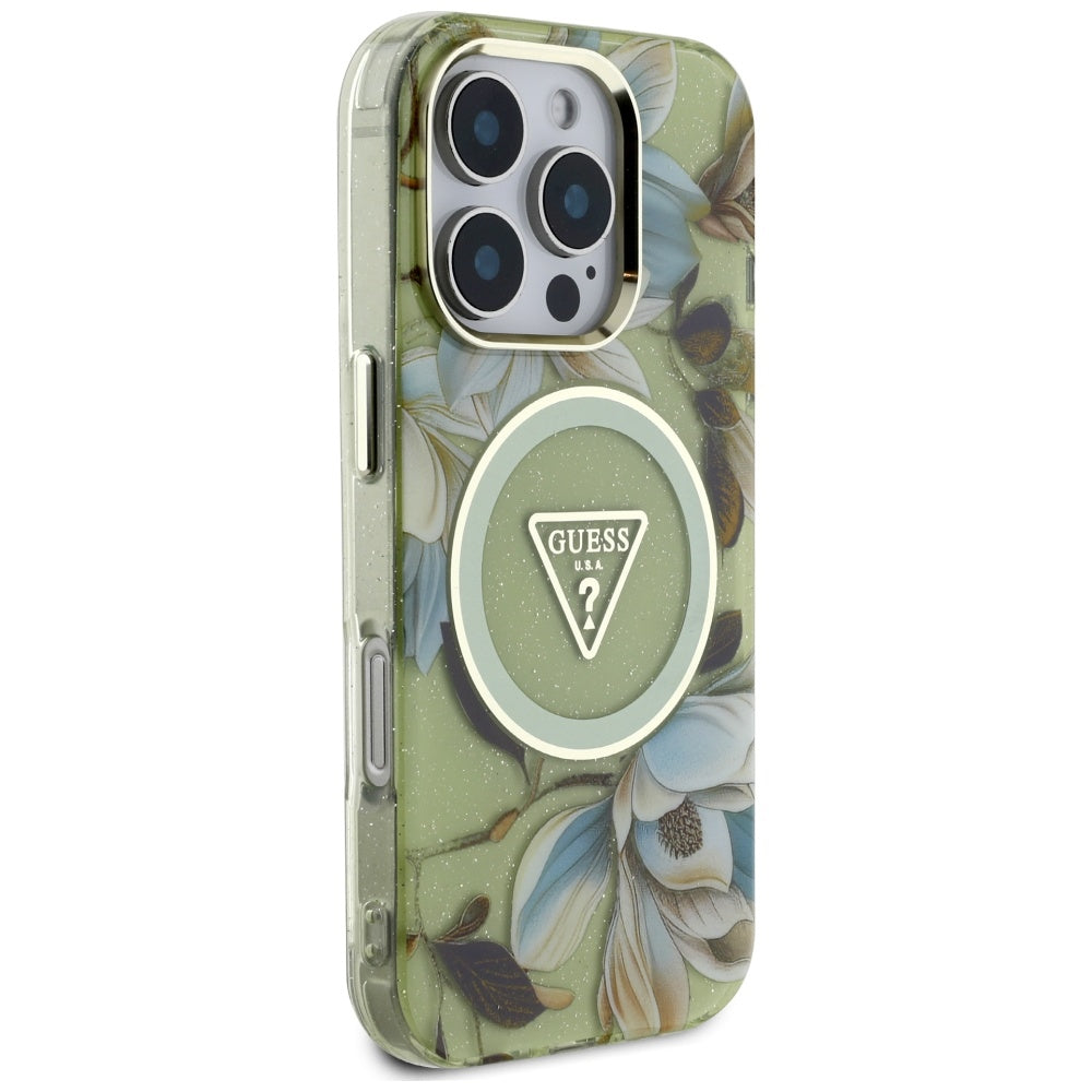 MagSafe Hülle für Apple iPhone 16 Pro, Guess, IML Metal Glitter Flowers Triangle, Grün