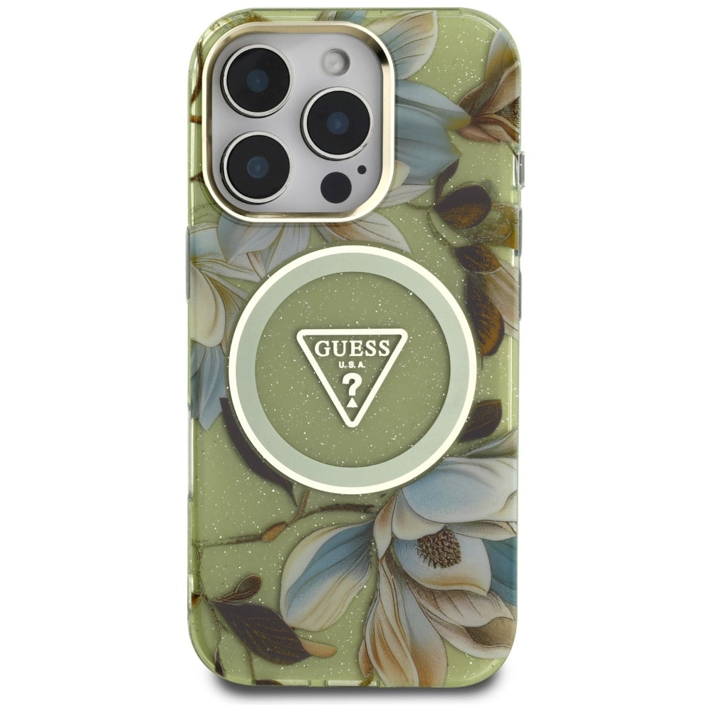 MagSafe Hülle für Apple iPhone 16 Pro, Guess, IML Metal Glitter Flowers Triangle, Grün