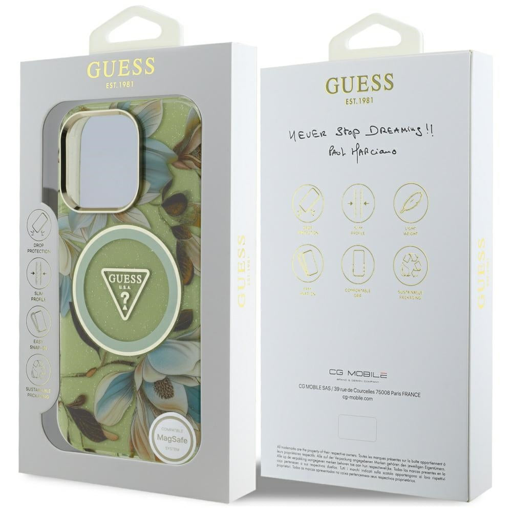 MagSafe Hülle für Apple iPhone 16 Pro, Guess, IML Metal Glitter Flowers Triangle, Grün