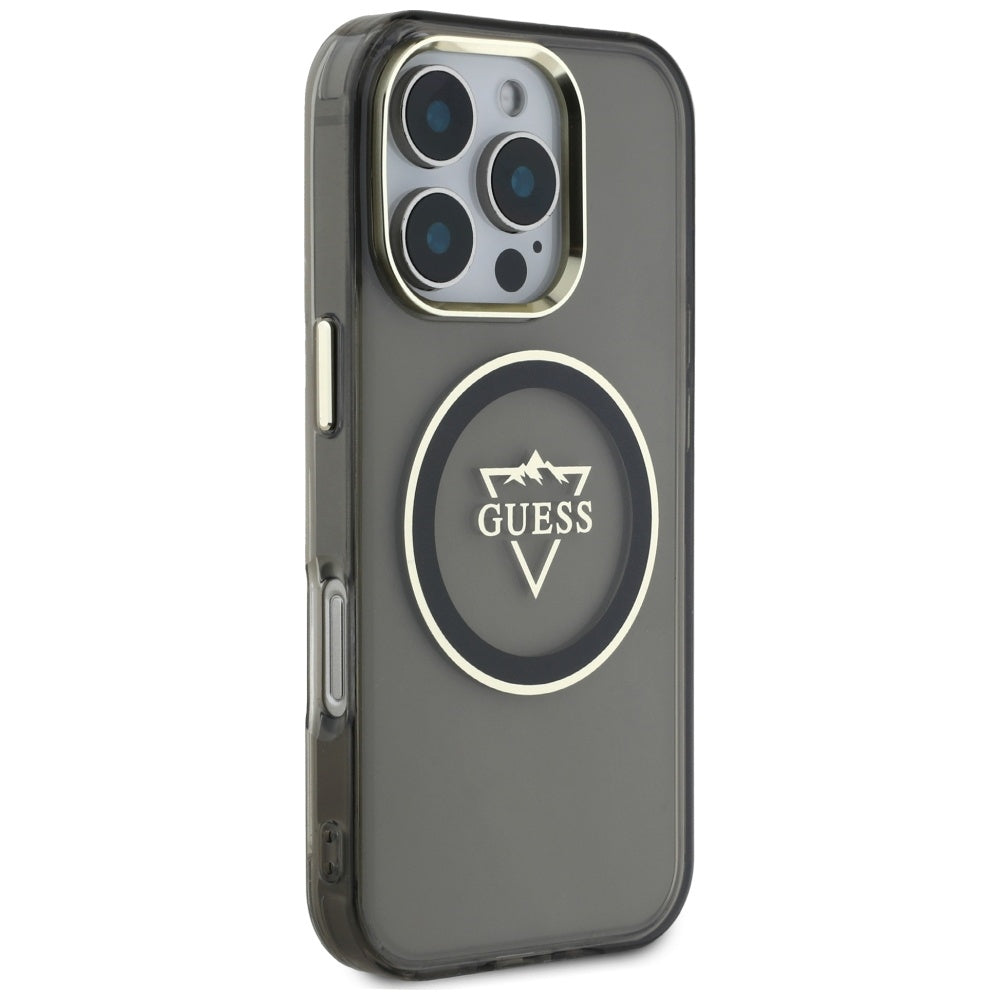 MagSafe Hülle für Apple iPhone 16 Pro, Guess, IML Metal Mountain Logo, Schwarz