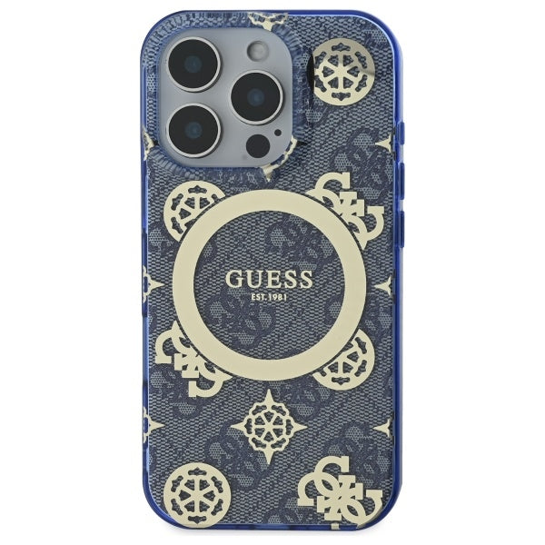 Étui MagSafe pour Apple iPhone 16 Pro, Guess, IML Peony On 4G Background, Bleu