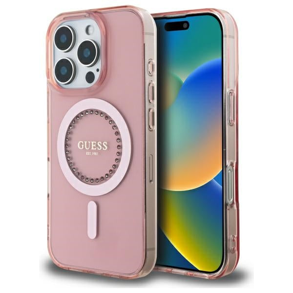 Étui MagSafe pour Apple iPhone 16 Pro, Guess, IML Rhinestone, Rose