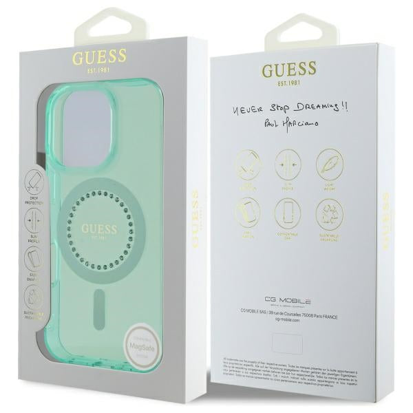 Coque MagSafe pour Apple iPhone 16 Pro, Guess, IML Rhinestone, Vert