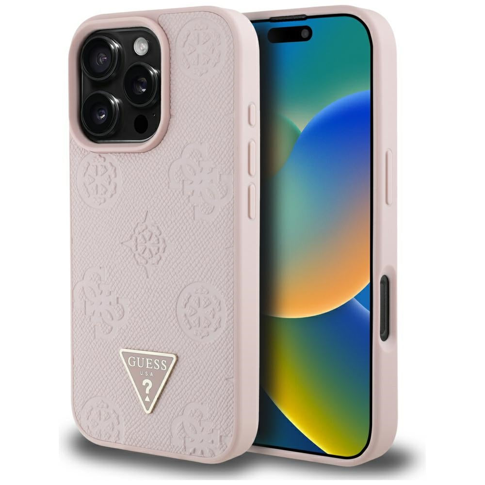 Coque MagSafe pour Apple iPhone 16 Pro, Guess, Peony Grained Hot Stamp Triangle, Rose