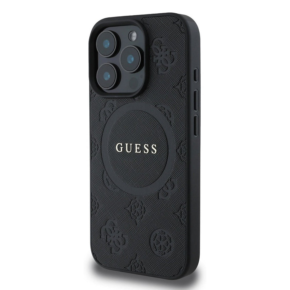 MagSafe Hülle für Apple iPhone 16 Pro, Guess, Saffiano Peony Classic Logo, Schwarz
