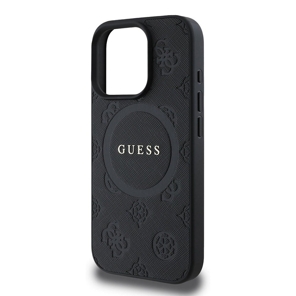 MagSafe Hülle für Apple iPhone 16 Pro, Guess, Saffiano Peony Classic Logo, Schwarz