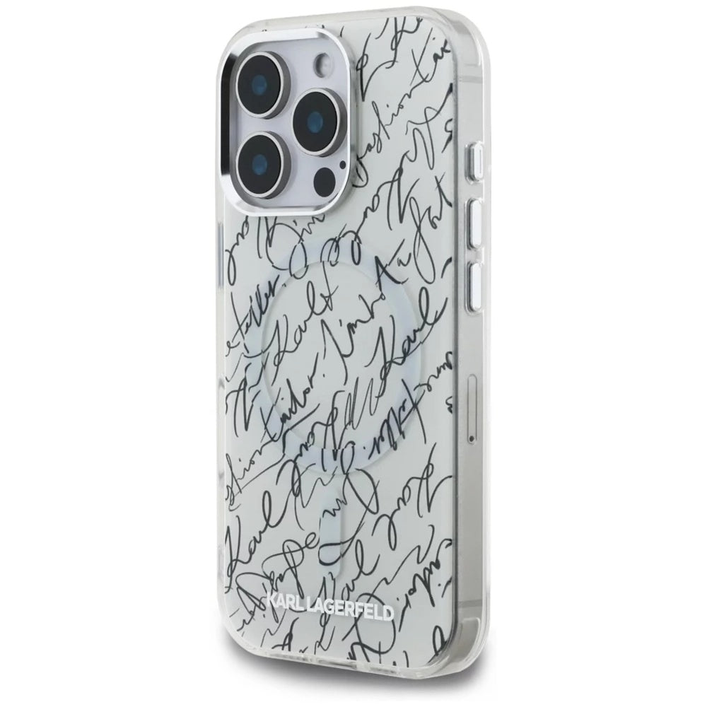 Coque MagSafe pour Apple iPhone 16 Pro, Karl Lagerfeld, motif IML Karl Script, Blanche