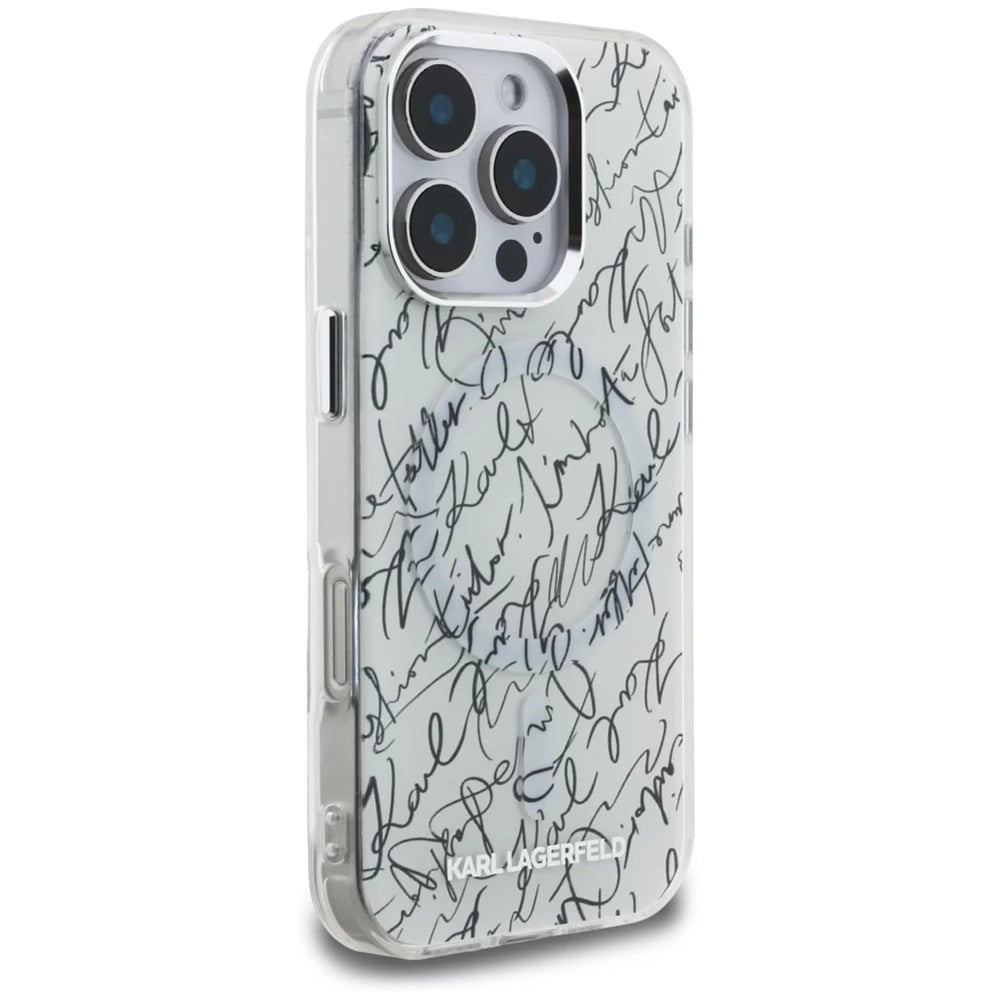 Coque MagSafe pour Apple iPhone 16 Pro, Karl Lagerfeld, motif IML Karl Script, Blanche