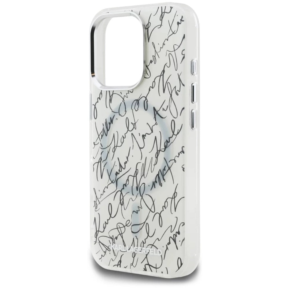 Coque MagSafe pour Apple iPhone 16 Pro, Karl Lagerfeld, motif IML Karl Script, Blanche