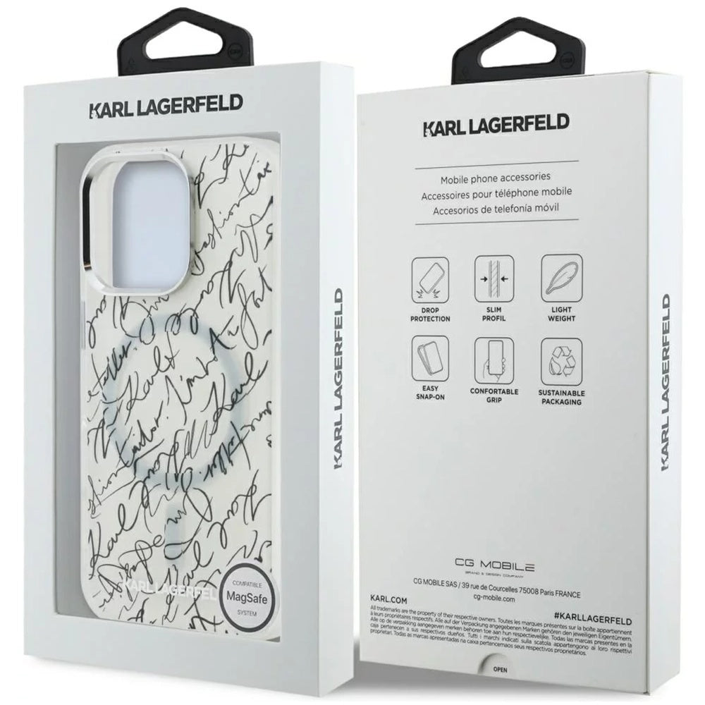 Coque MagSafe pour Apple iPhone 16 Pro, Karl Lagerfeld, motif IML Karl Script, Blanche