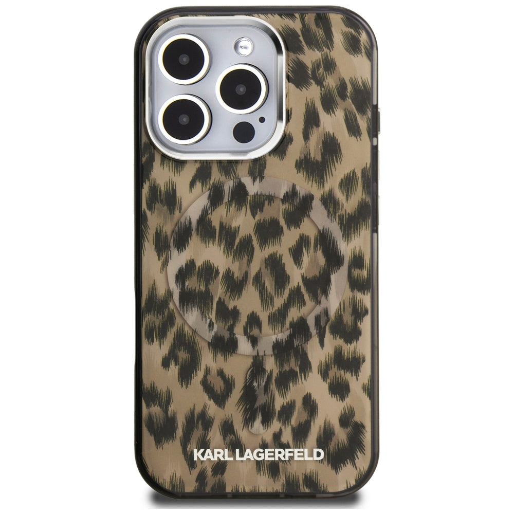 Étui MagSafe pour Apple iPhone 16 Pro, Karl Lagerfeld, Motif Léopard IML, Marron