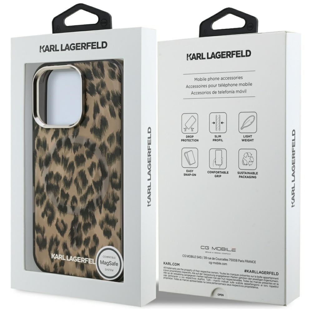 Étui MagSafe pour Apple iPhone 16 Pro, Karl Lagerfeld, Motif Léopard IML, Marron