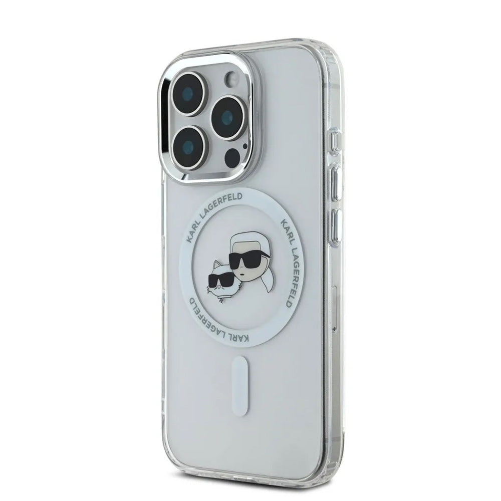Coque MagSafe pour Apple iPhone 16 Pro, Karl Lagerfeld, IML Metal Karl & Choupette's Heads, Blanche