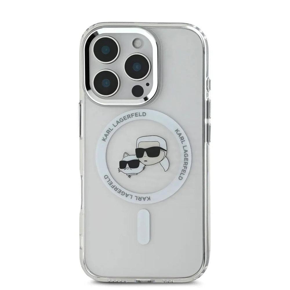 Coque MagSafe pour Apple iPhone 16 Pro, Karl Lagerfeld, IML Metal Karl & Choupette's Heads, Blanche