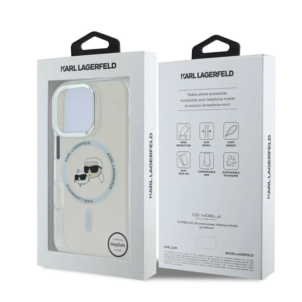 Coque MagSafe pour Apple iPhone 16 Pro, Karl Lagerfeld, IML Metal Karl & Choupette's Heads, Blanche