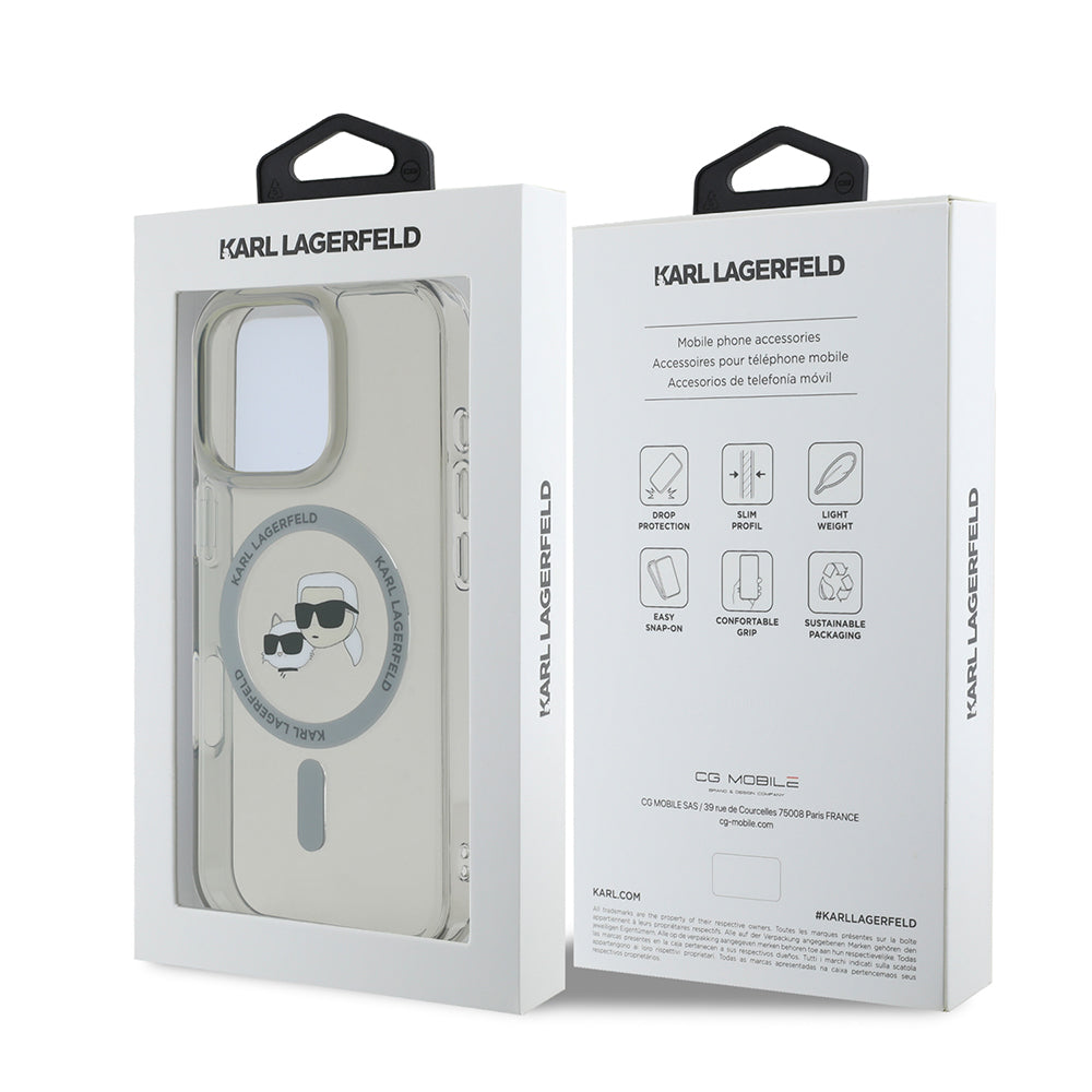 Housse MagSafe pour Apple iPhone 16 Pro, Karl Lagerfeld, IML Metal Karl & Choupette's Heads, Noire